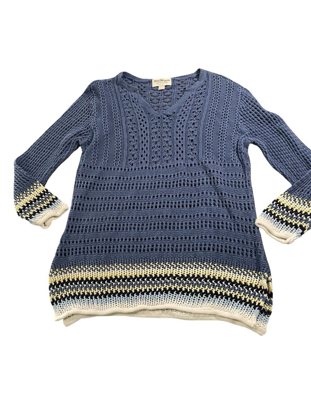 Norm Thompson Sweater Women's Sz Medium Blue Crochet LINEN 3/4 Sleeve Top V-neck